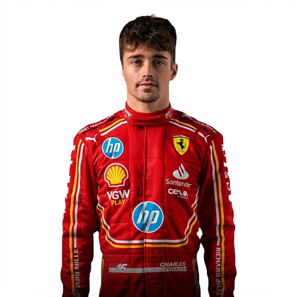 2024 Charles Leclerc Monaco GP Ferrari F1 Race Suit in red featuring yellow accent stripes, HP sponsor logos, Monegasque flag waist badge, and driver number 16