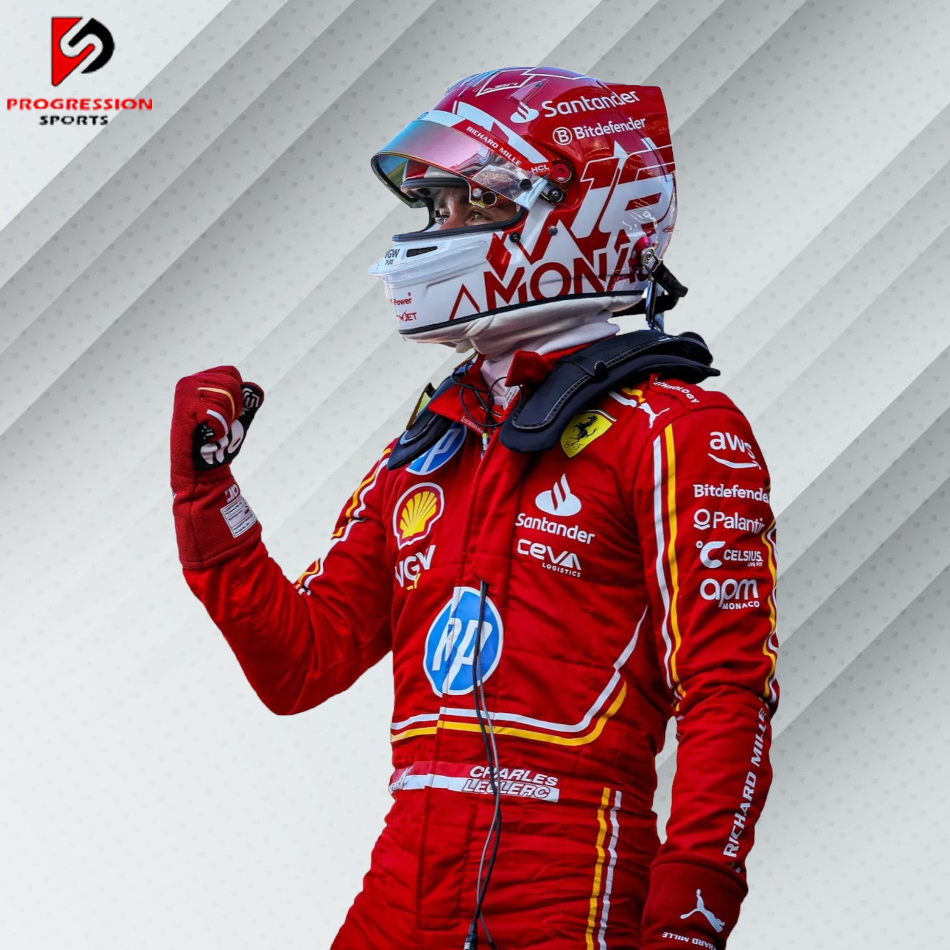 2024 Charles Leclerc Ferrari F1 Monaco GP race suit with red and white Monaco-themed design and official sponsor logos

