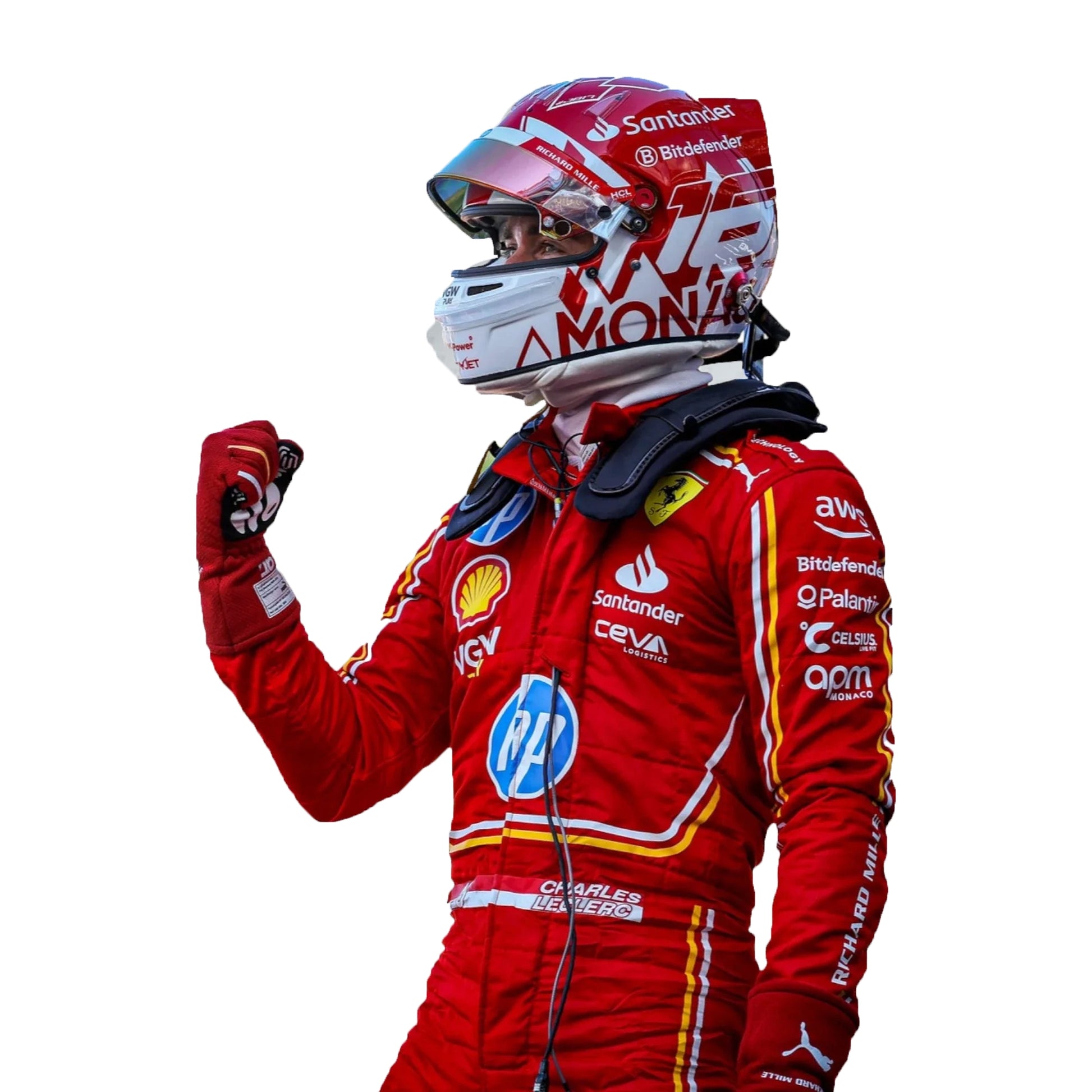 2024 Charles Leclerc Monaco GP Ferrari F1 Race Suit in red featuring yellow accent stripes, HP sponsor logos, Monegasque flag waist badge, and driver number 16