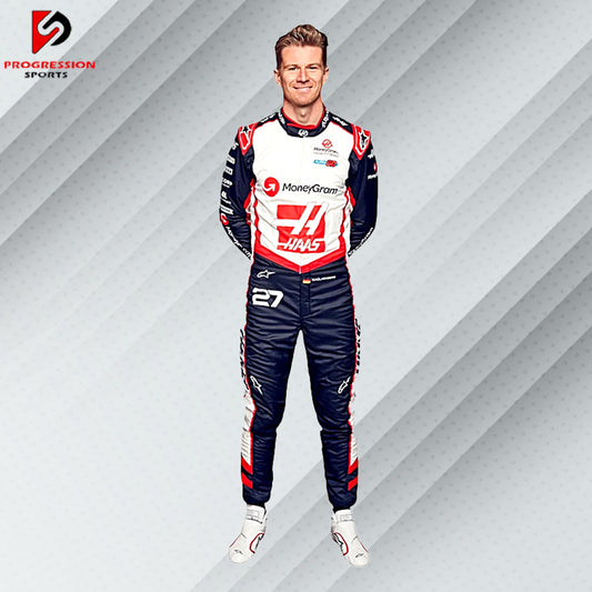 2024 Nico Hülkenberg Haas F1 race suit in white with red and black detailing and official Haas and MoneyGram sponsor logos

