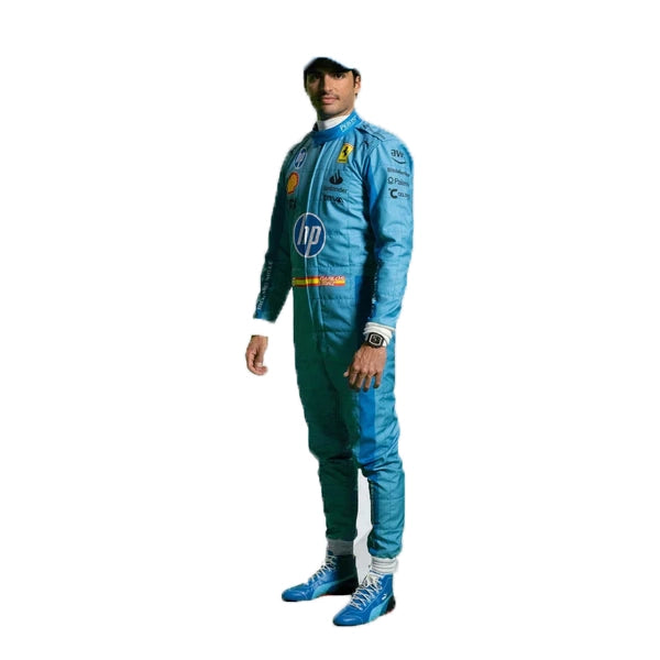 Person wearing a blue racing suit with HP logo on a white background