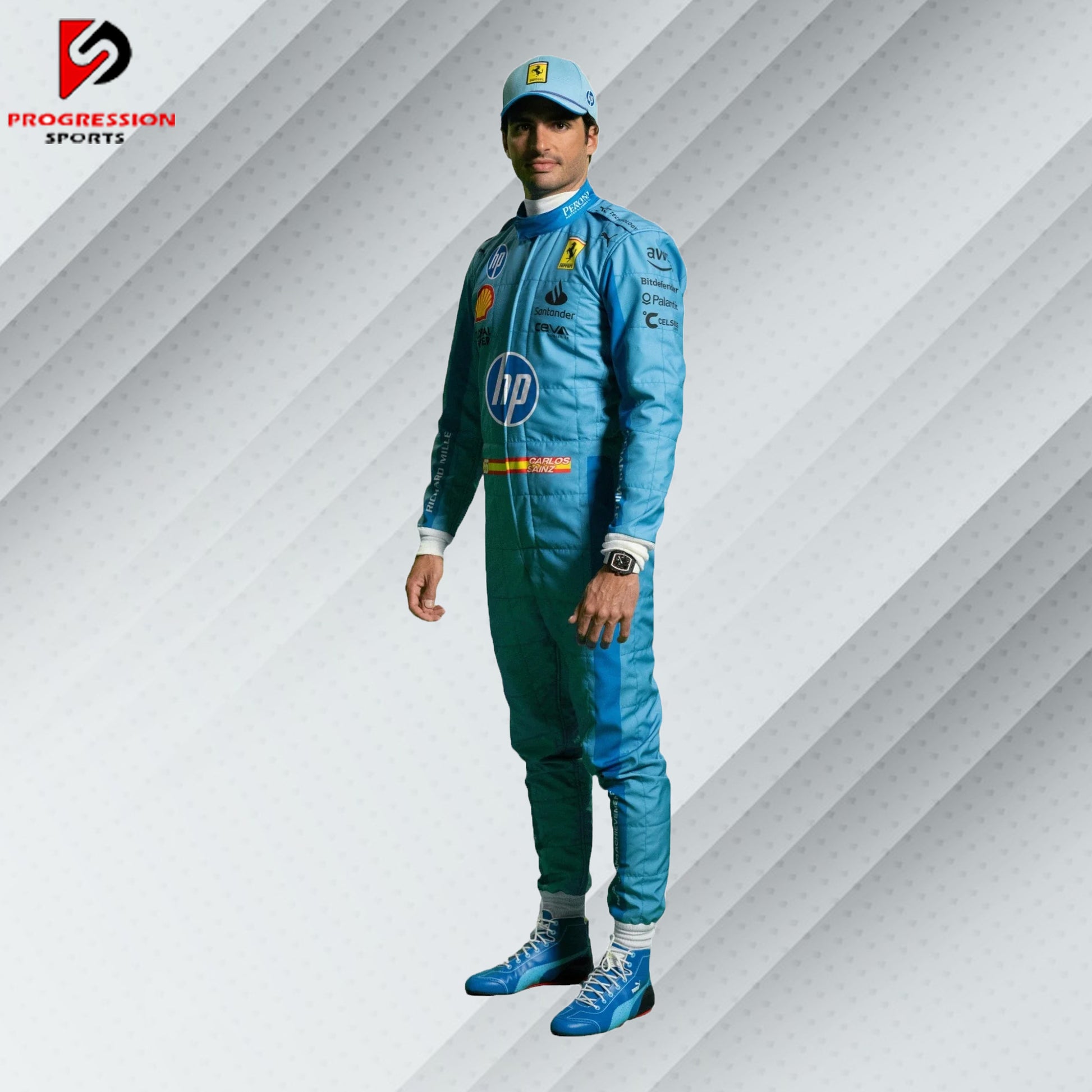 2024 Charles Leclerc Ferrari F1 HP Miami GP race suit in blue and red special edition livery with official sponsor logos


