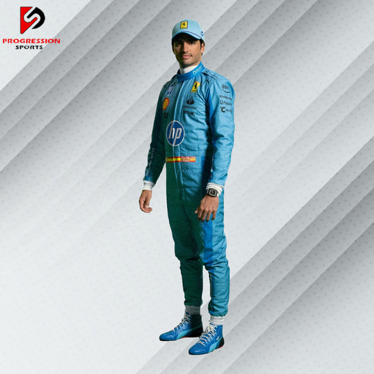 2024 Charles Leclerc Ferrari F1 HP Miami GP race suit in blue and red special edition livery with official sponsor logos


