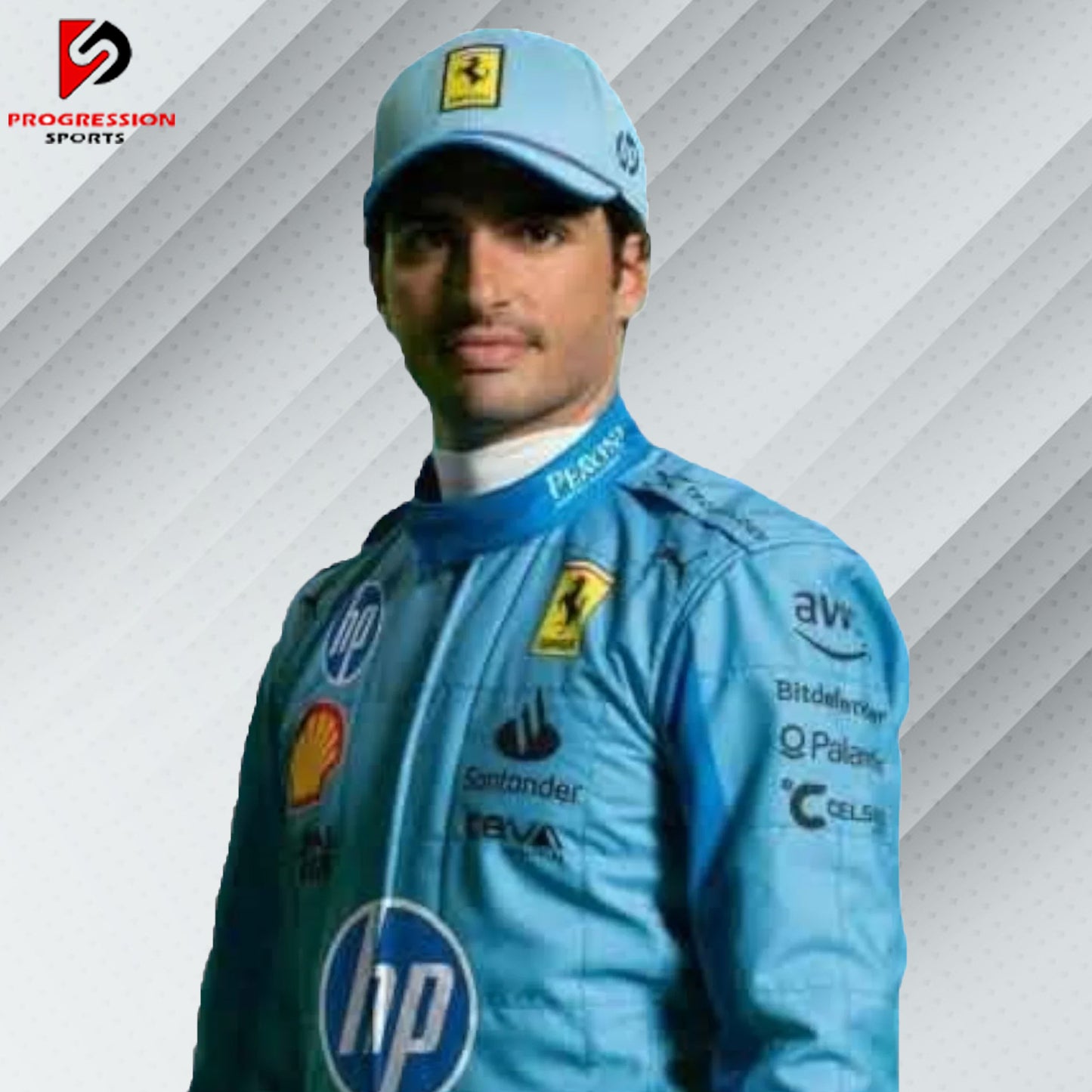 2024 Charles Leclerc Ferrari F1 HP Miami GP race suit in blue and red special edition livery with official sponsor logos


