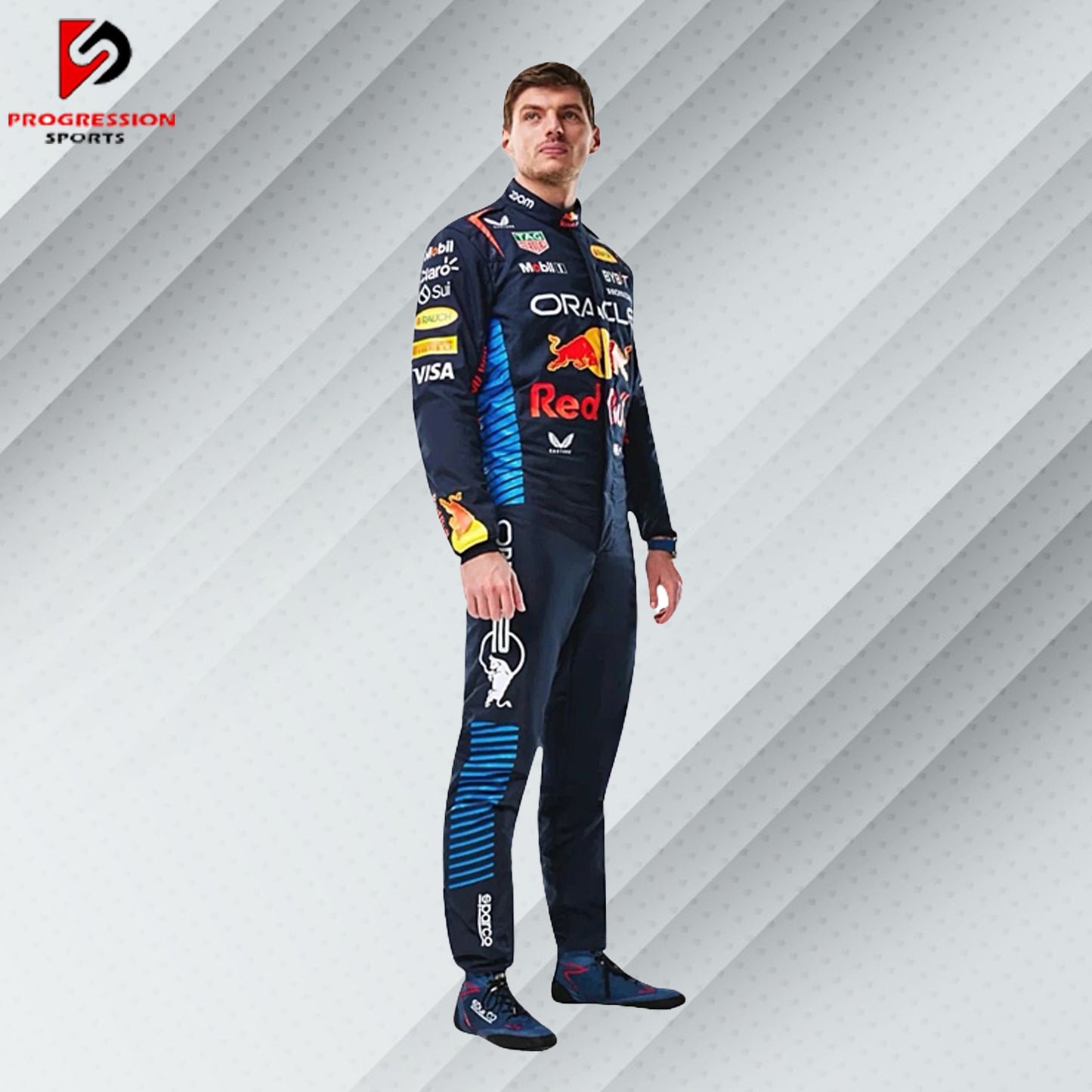 2024 Max Verstappen Red Bull Racing Formula 1 suit featuring the iconic navy blue design with red and yellow accents, adorned with sponsor logos such as Red Bull, Mobil 1, Honda, and Puma.