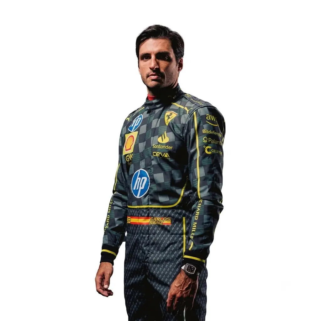 2025 Carlos Sainz HP Carbon Fibre Design Ferrari F1 Race Suit featuring dark carbon weave pattern, HP sponsor logos, yellow accents, and driver number 55