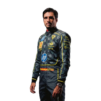 2025 Carlos Sainz HP Carbon Fibre Design Ferrari F1 Race Suit featuring dark carbon weave pattern, HP sponsor logos, yellow accents, and driver number 55