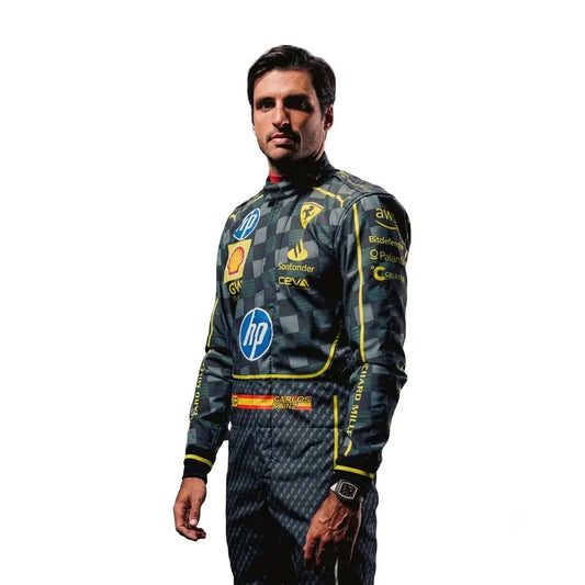 2025 Carlos Sainz HP Carbon Fibre Design Ferrari F1 Race Suit featuring dark carbon weave pattern, HP sponsor logos, yellow accents, and driver number 55