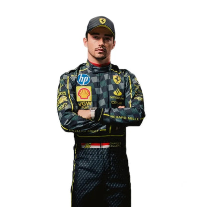 2025 Charles Leclerc HP Carbon Fibre Design Ferrari F1 Race Suit featuring dark carbon weave pattern, HP sponsor logos, yellow accents, and driver number 16
