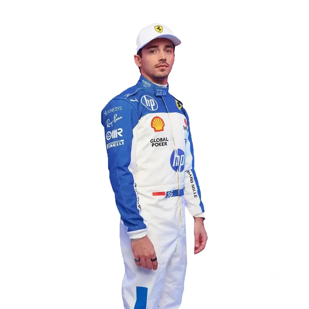 2025 Charles Leclerc Miami GP Ferrari F1 Race Suit featuring blue and white special edition livery, HP sponsor logos, Monegasque flag waist badge, and driver number 16