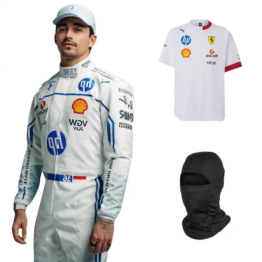 2025 Charles Leclerc Monaco GP Ferrari F1 Race Suit Set featuring white and blue suit, matching white team t-shirt, and black balaclava