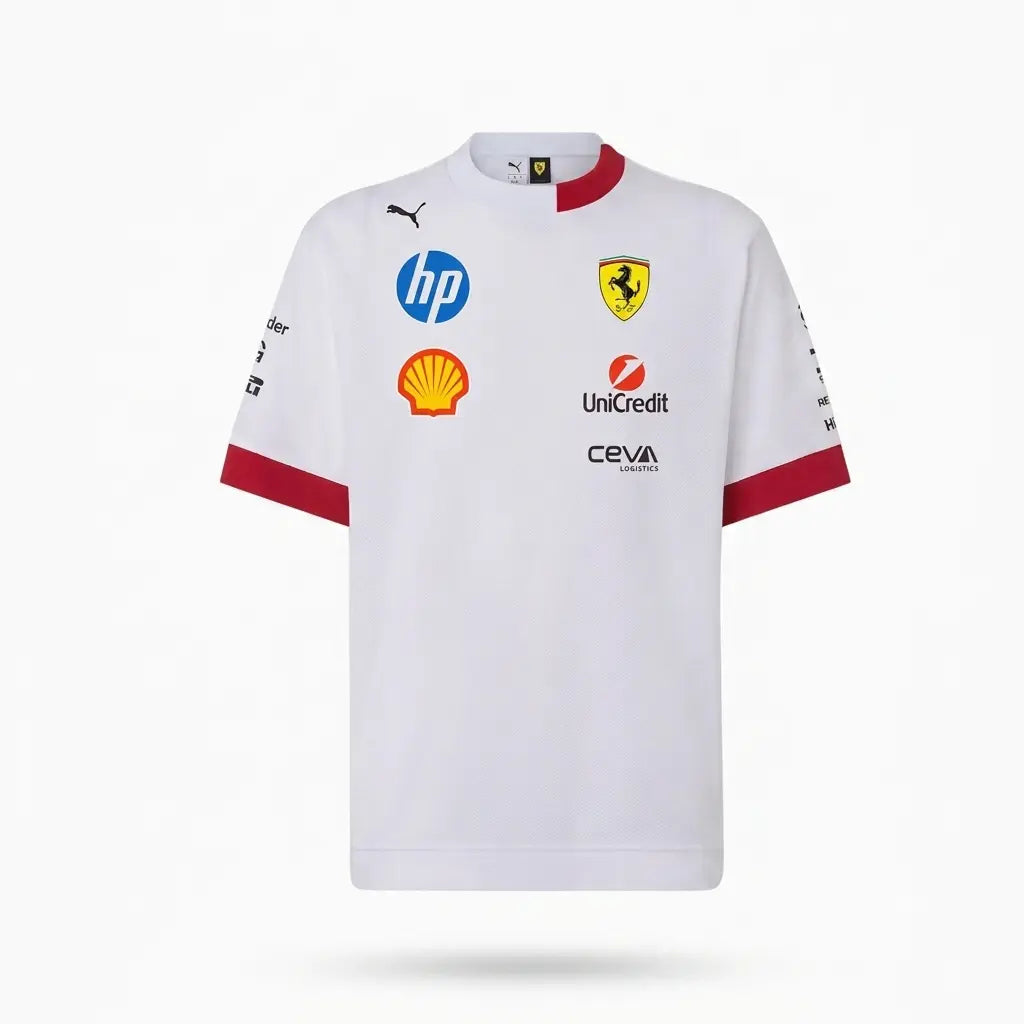 2025 Charles Leclerc Monaco GP Ferrari F1 Race Suit Set featuring white and blue suit, matching white team t-shirt, and black balaclava