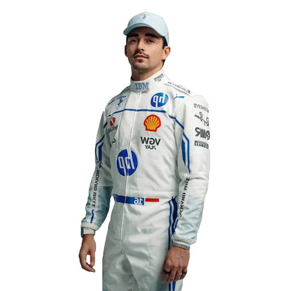2025 Charles Leclerc Monaco GP Ferrari F1 Race Suit in white featuring blue side accents, HP sponsor graphics, Monegasque flag waist badge, and driver number 16