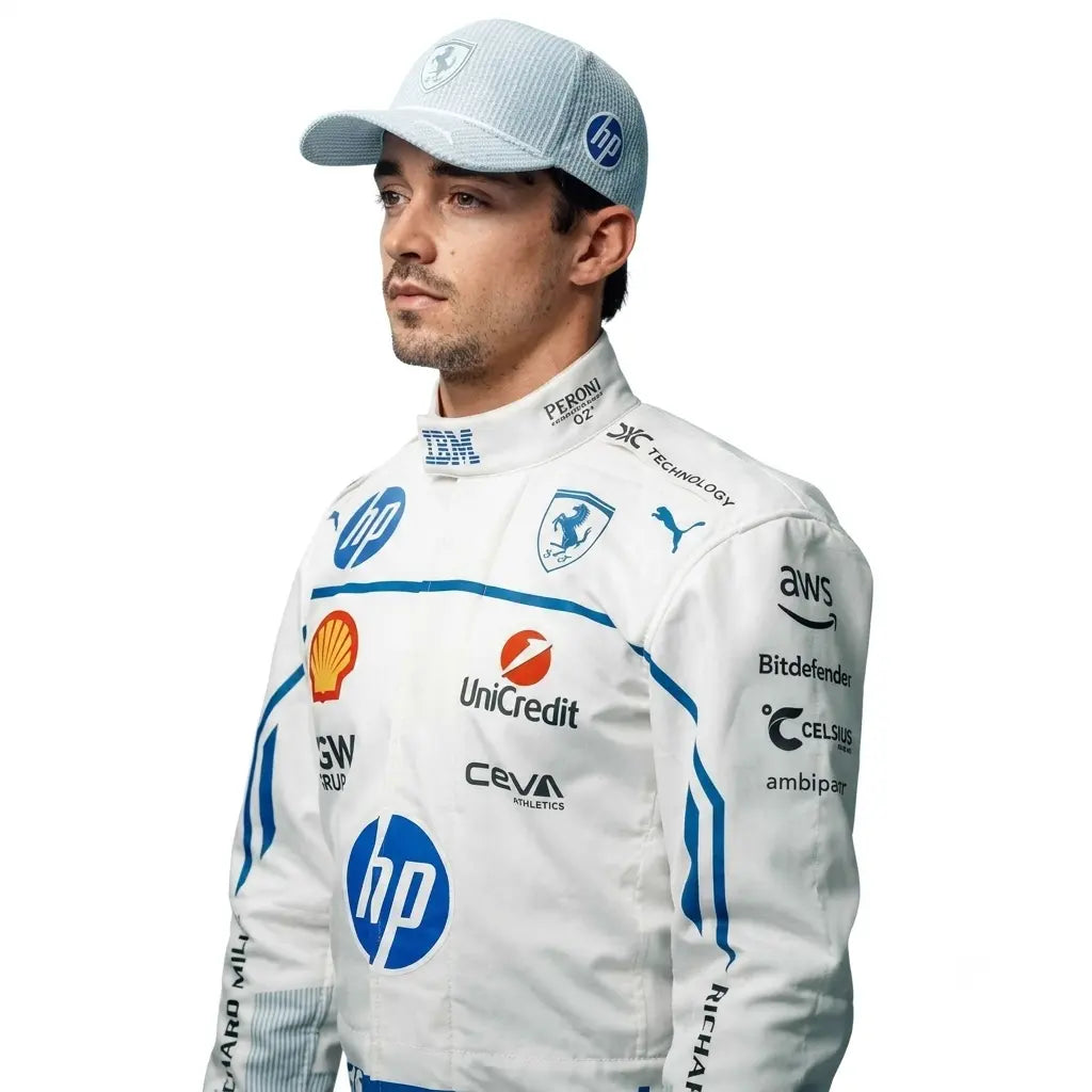 2025 Charles Leclerc Monaco GP Ferrari F1 Race Suit in white featuring blue side accents, HP sponsor graphics, Monegasque flag waist badge, and driver number 16