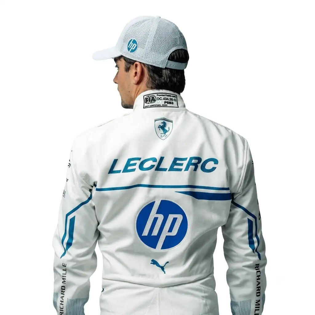 2025 Charles Leclerc Monaco GP Ferrari F1 Race Suit in white featuring blue side accents, HP sponsor graphics, Monegasque flag waist badge, and driver number 16
