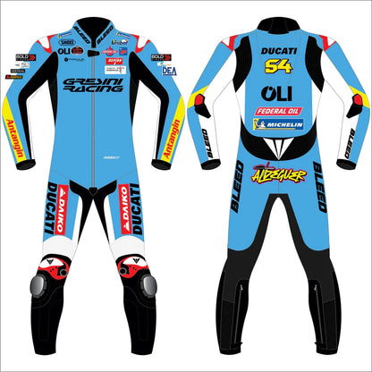 2025 Fermin Aldeguer Gresini Ducati MotoGP leather race suit in pale blue and red with CE Level 2 armor, front view