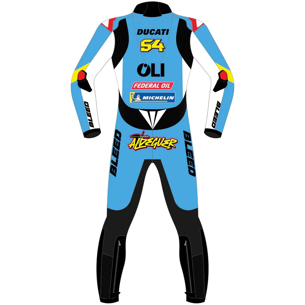 2025 Fermin Aldeguer Gresini Ducati MotoGP leather race suit in pale blue and red with CE Level 2 armor, front view