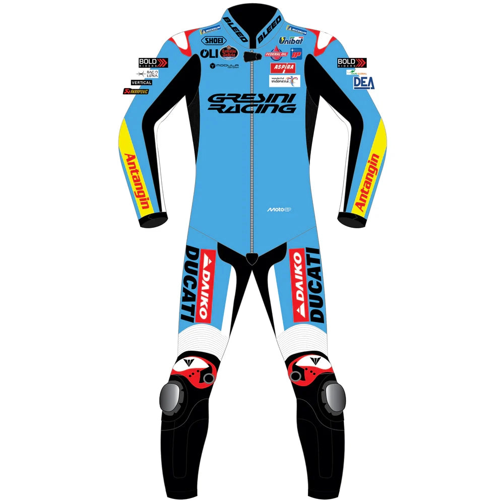 2025 Fermin Aldeguer Gresini Ducati MotoGP leather race suit in pale blue and red with CE Level 2 armor, front view