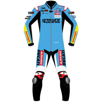 2025 Fermin Aldeguer Gresini Ducati MotoGP leather race suit in pale blue and red with CE Level 2 armor, front view
