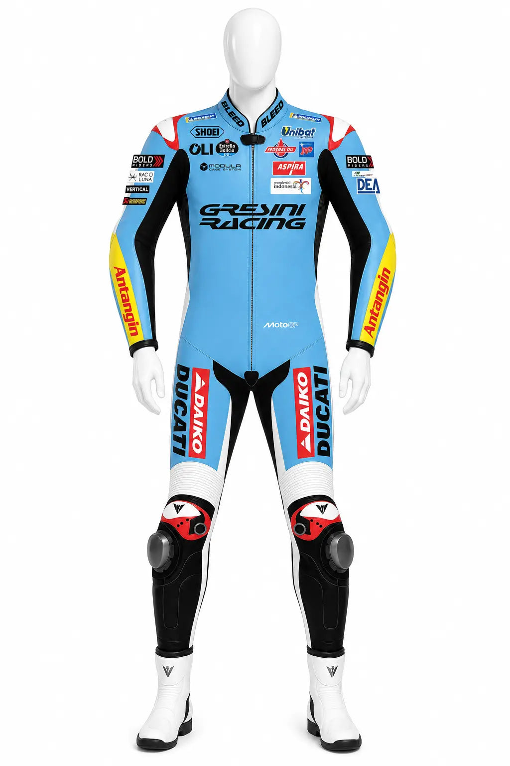 2025 Fermin Aldeguer Gresini Ducati MotoGP leather race suit in pale blue and red with CE Level 2 armor, front view
