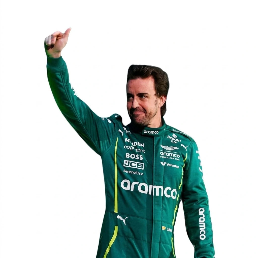 2025 Fernando Alonso Aston Martin F1 race suit front view in British racing green with Spanish flag belt detail and Aramco logo