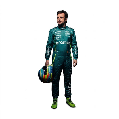 2025 Fernando Alonso Aston Martin F1 race suit front view in British racing green with Spanish flag belt detail and Aramco logo