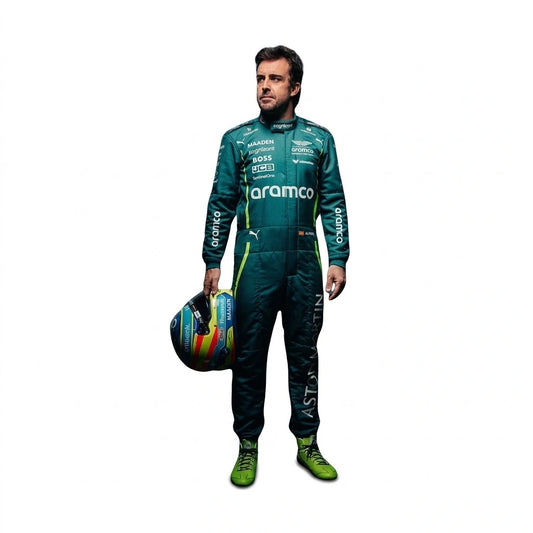 2025 Fernando Alonso Aston Martin F1 race suit front view in British racing green with Spanish flag belt detail and Aramco logo