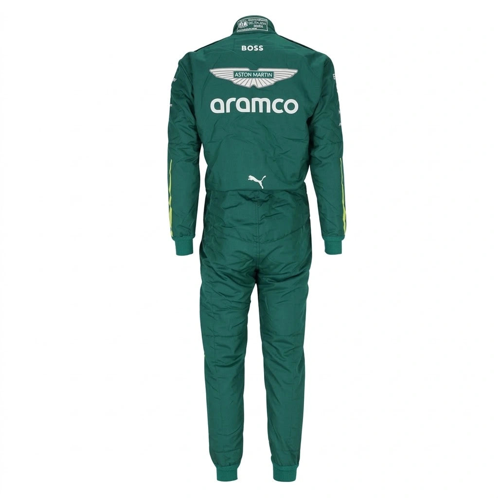 2025 Fernando Alonso Aston Martin F1 race suit front view in British racing green with Spanish flag belt detail and Aramco logo