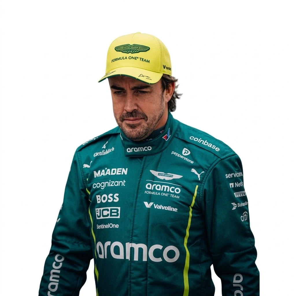 2025 Fernando Alonso Aston Martin F1 race suit front view in British racing green with Spanish flag belt detail and Aramco logo
