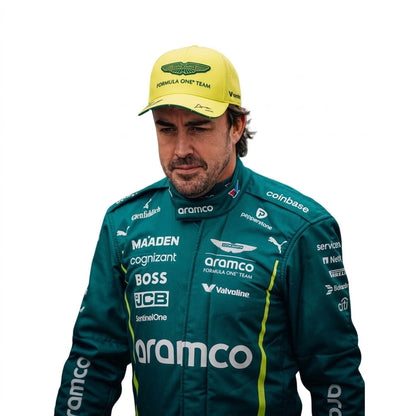 2025 Fernando Alonso Aston Martin F1 race suit front view in British racing green with Spanish flag belt detail and Aramco logo