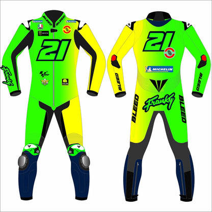 2025 Franco Morbidelli Barcelona Winter Test MotoGP leather race suit in hi-vis green, yellow, and navy with CE Level 2 armor, front view