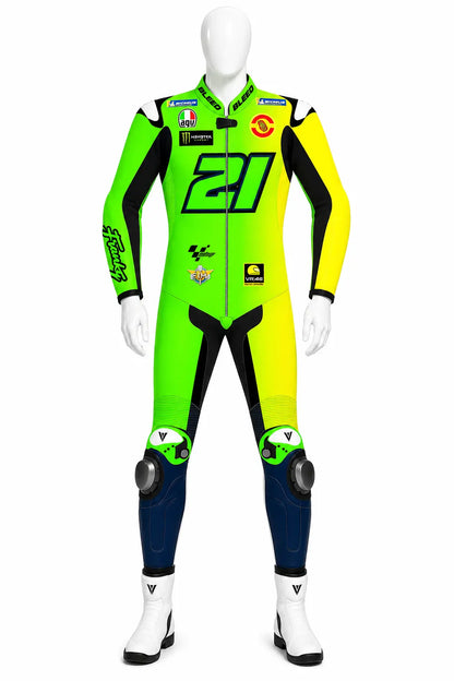 2025 Franco Morbidelli Barcelona Winter Test MotoGP leather race suit in hi-vis green, yellow, and navy with CE Level 2 armor, front view