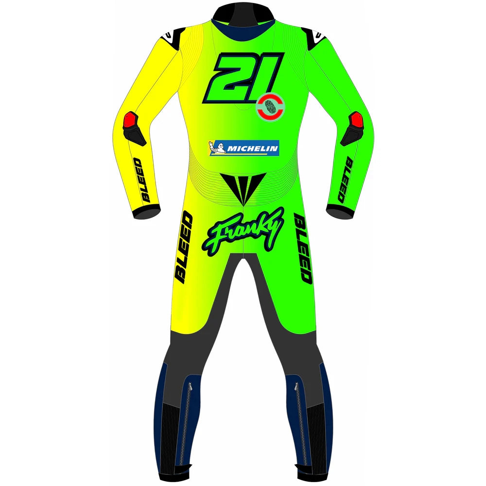 2025 Franco Morbidelli Barcelona Winter Test MotoGP leather race suit in hi-vis green, yellow, and navy with CE Level 2 armor, front view