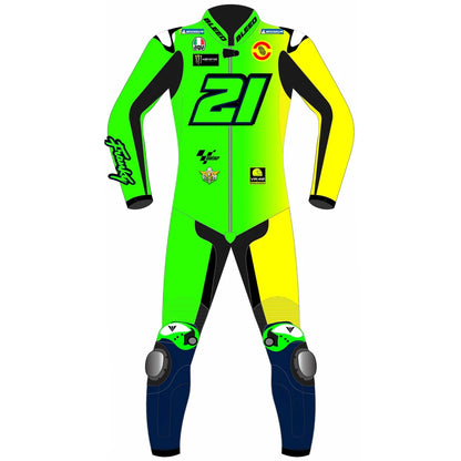 2025 Franco Morbidelli Barcelona Winter Test MotoGP leather race suit in hi-vis green, yellow, and navy with CE Level 2 armor, front view
