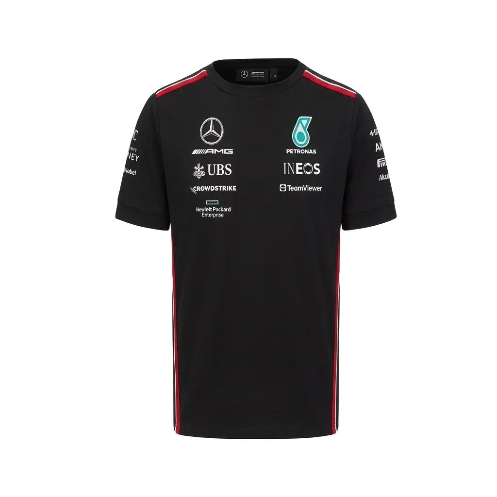 2025 George Russell Mercedes F1 Race Suit Kit including black karting suit, team t-shirt, and race balaclava