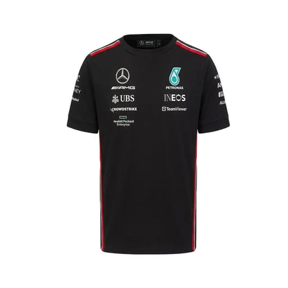 2025 George Russell Mercedes F1 Race Suit Kit including black karting suit, team t-shirt, and race balaclava