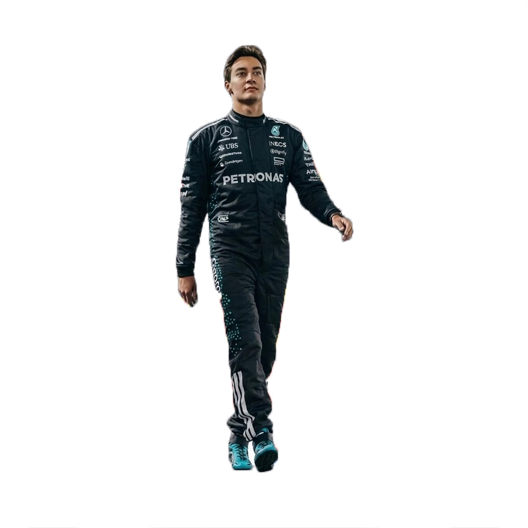 2025 George Russell Mercedes F1 Race Suit Kit including black karting suit, team t-shirt, and race balaclava