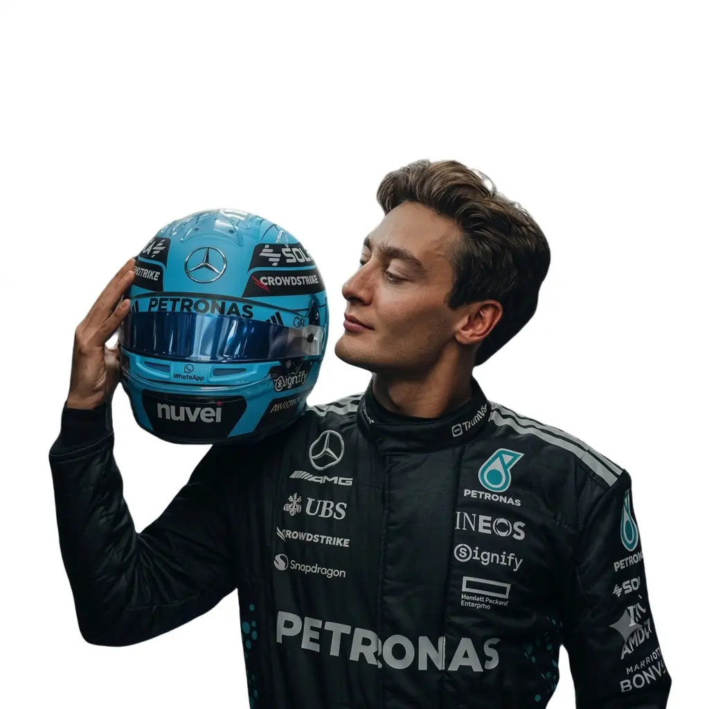 2025 George Russell Mercedes F1 Race Suit Kit including black karting suit, team t-shirt, and race balaclava