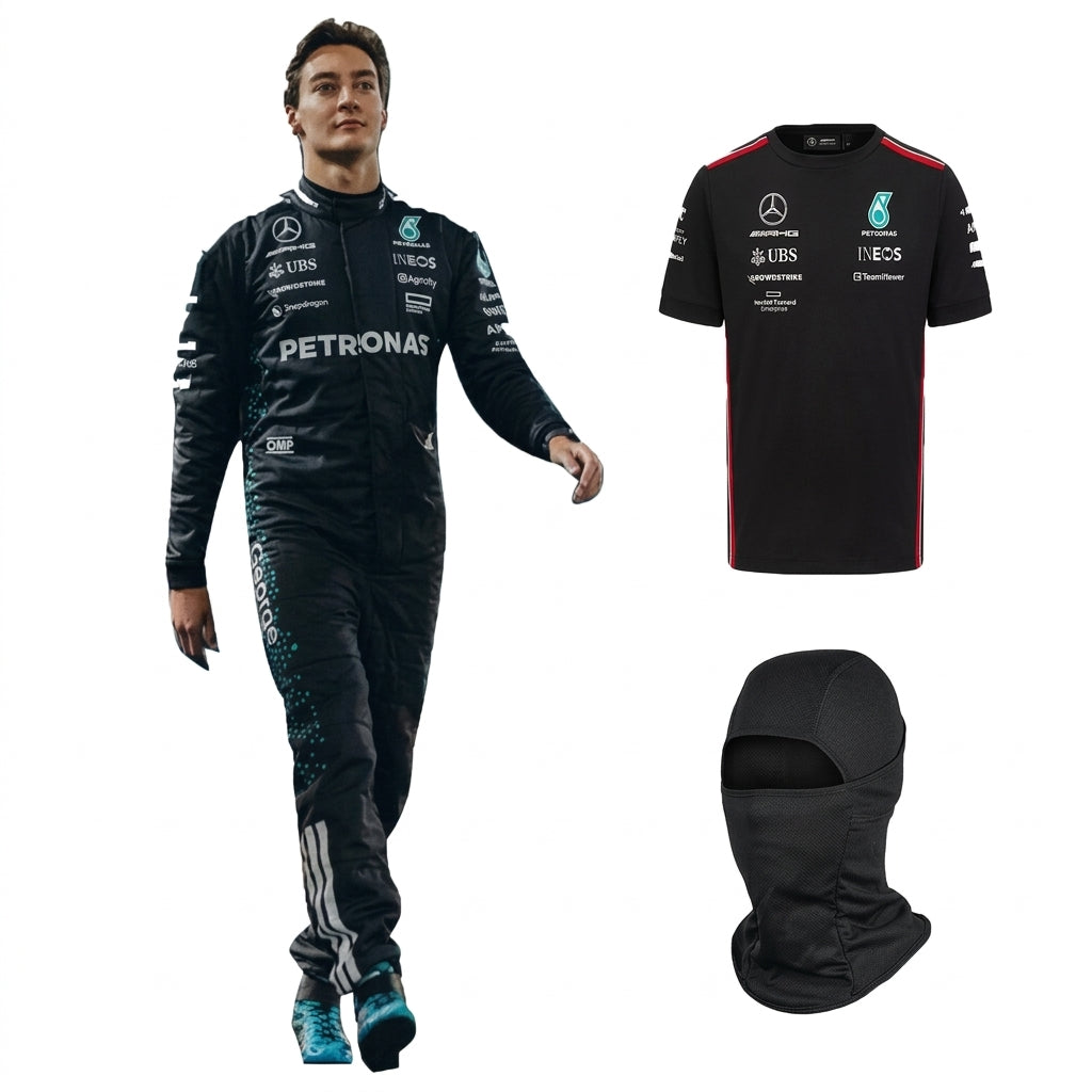 2025 George Russell Mercedes F1 Race Suit Kit including black karting suit, team t-shirt, and race balaclava