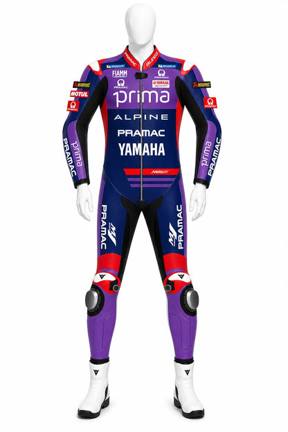 2025 Jack Miller Pramac Yamaha MotoGP leather race suit in purple, blue, and red with CE Level 2 armor, front view