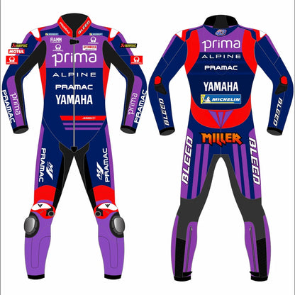 2025 Jack Miller Pramac Yamaha MotoGP leather race suit in purple, blue, and red with CE Level 2 armor, front view