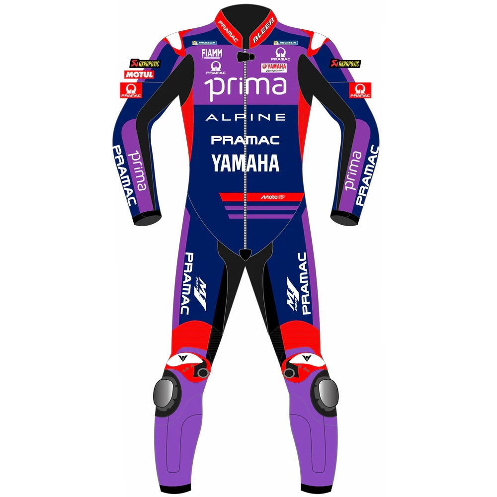 2025 Jack Miller Pramac Yamaha MotoGP leather race suit in purple, blue, and red with CE Level 2 armor, front view