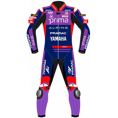 2025 Jack Miller Pramac Yamaha MotoGP leather race suit in purple, blue, and red with CE Level 2 armor, front view