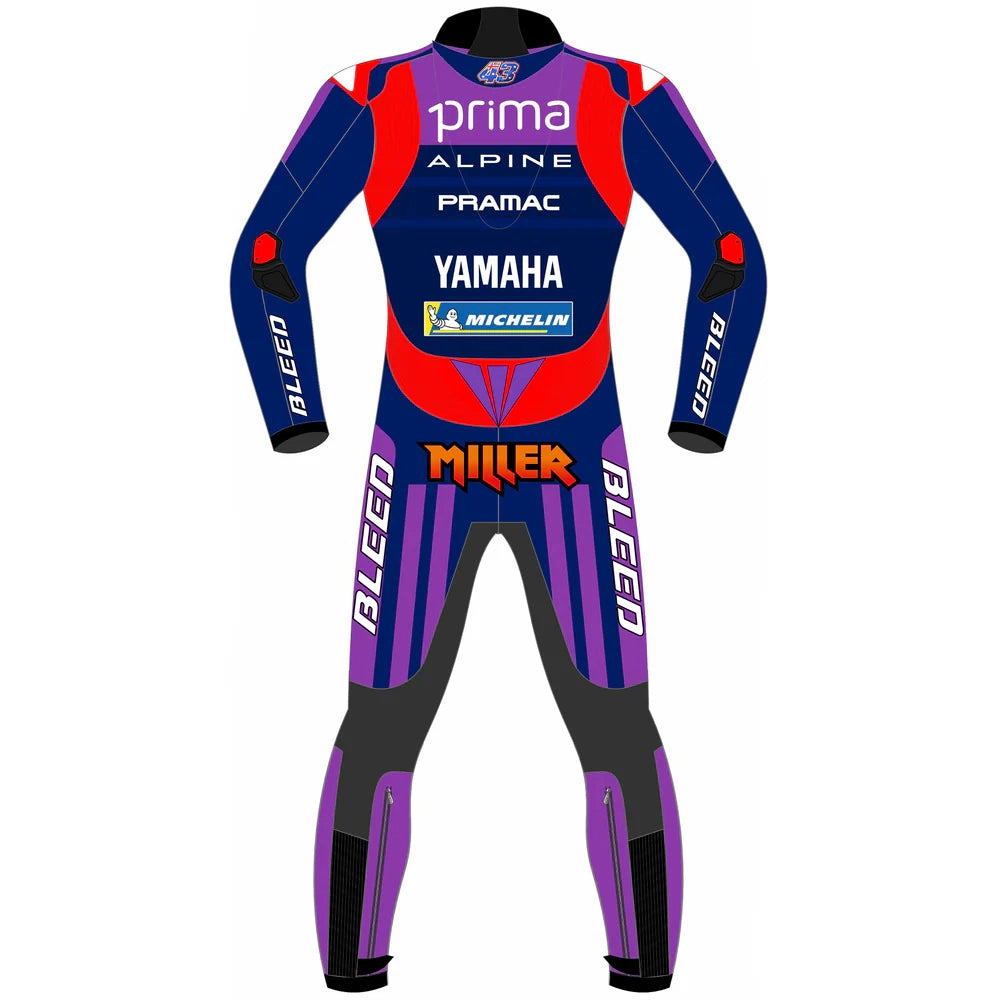 2025 Jack Miller Pramac Yamaha MotoGP leather race suit in purple, blue, and red with CE Level 2 armor, front view