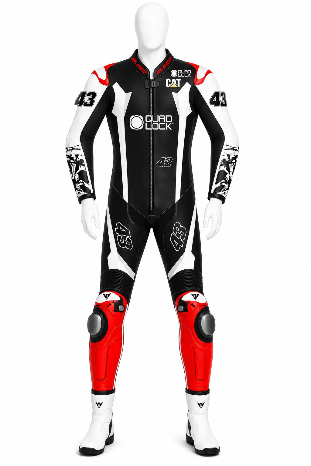 2025 Jack Miller Yamaha Winter Test MotoGP leather race suit in black, white, and red with CE Level 2 armor and #43 graphics, front view