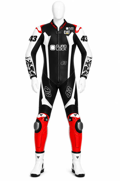 2025 Jack Miller Yamaha Winter Test MotoGP leather race suit in black, white, and red with CE Level 2 armor and #43 graphics, front view