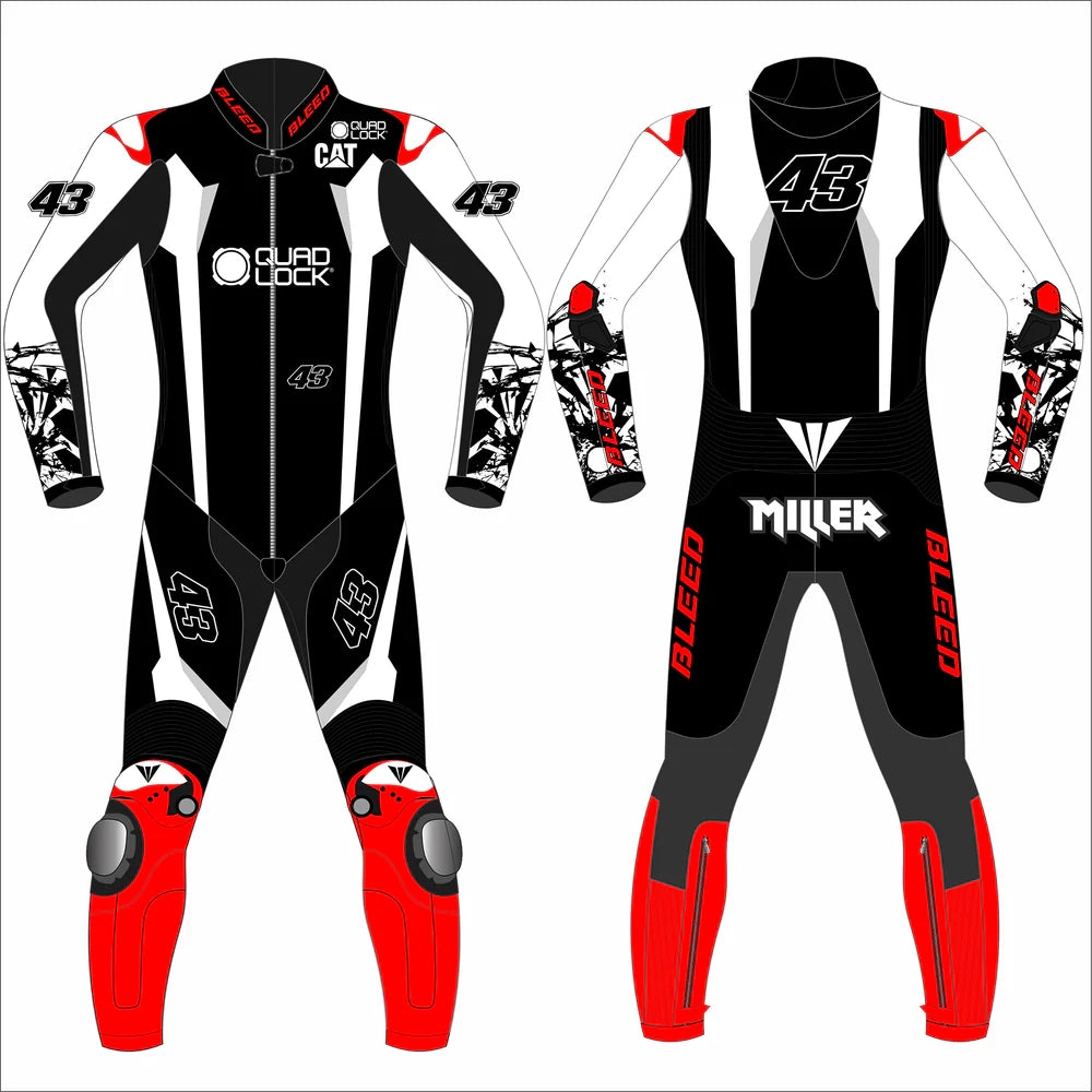 2025 Jack Miller Yamaha Winter Test MotoGP leather race suit in black, white, and red with CE Level 2 armor and #43 graphics, front view