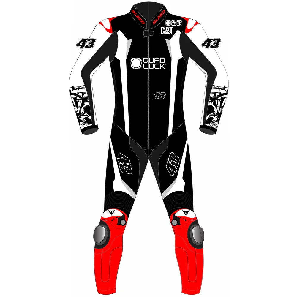 2025 Jack Miller Yamaha Winter Test MotoGP leather race suit in black, white, and red with CE Level 2 armor and #43 graphics, front view