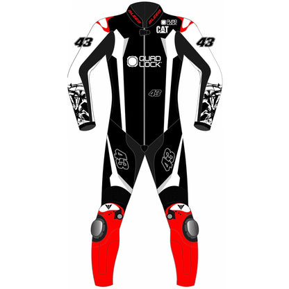 2025 Jack Miller Yamaha Winter Test MotoGP leather race suit in black, white, and red with CE Level 2 armor and #43 graphics, front view