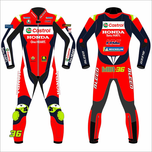 2025 Joan Mir Honda Castrol MotoGP leather race suit in red, white, and navy with CE Level 2 armor, front view